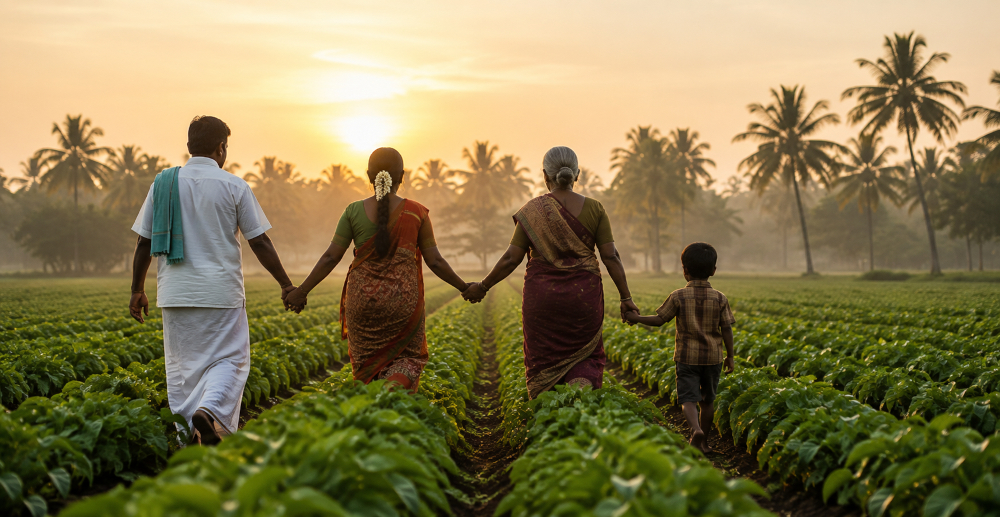 A farming family walking through their fields at sunset